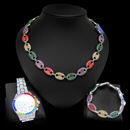 Hip hop set icedout puff mariner necklace bracelet colors stones watch Silver color gold Plated #6