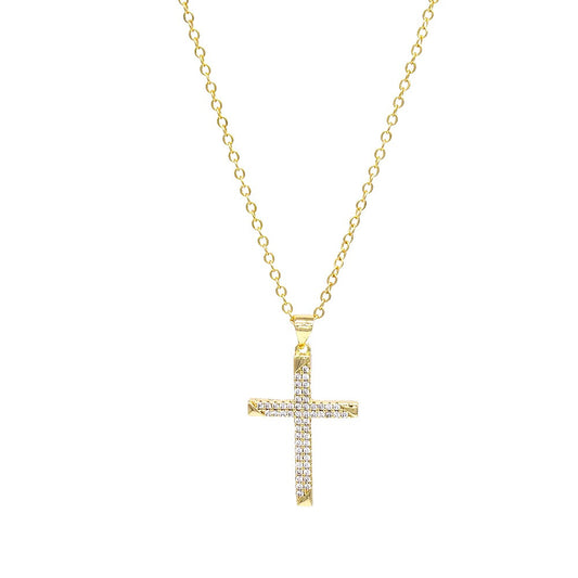 18k Layered Real Gold icedout cross pendant charm with 18" necklace chain #39