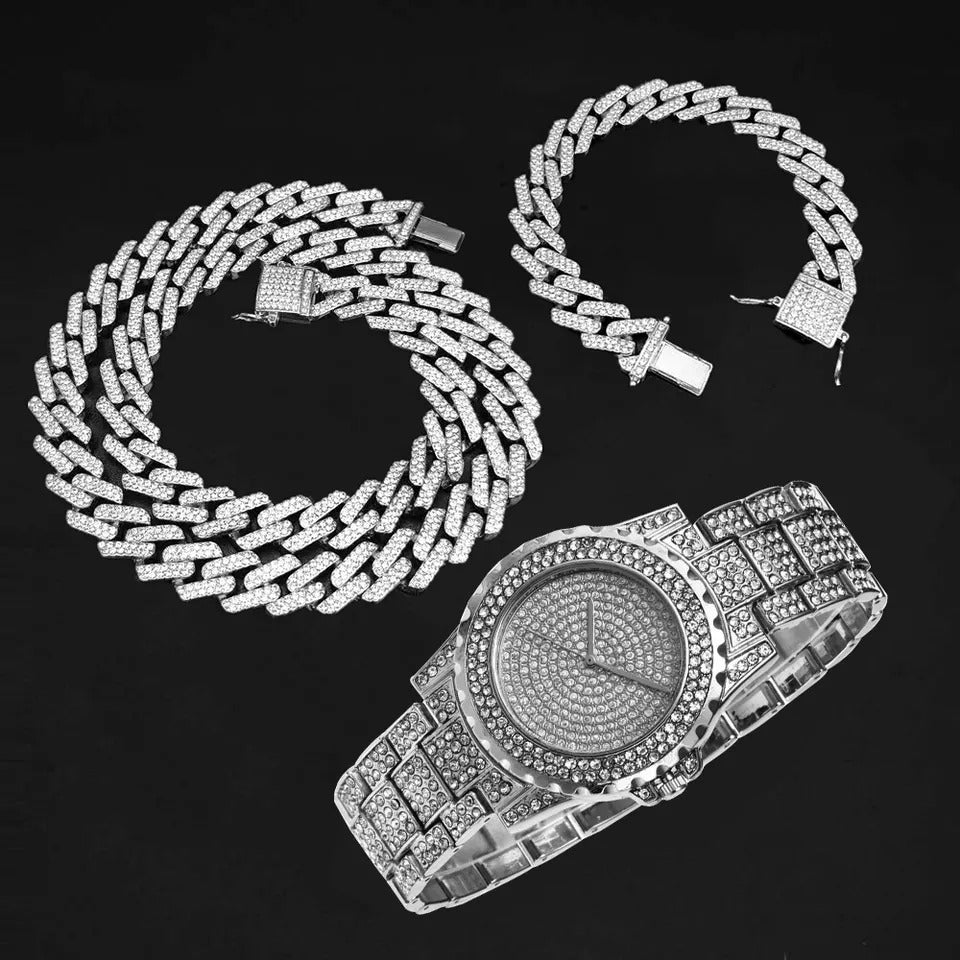 Hip hop set icedout necklace bracelet watch silver color gold Plated