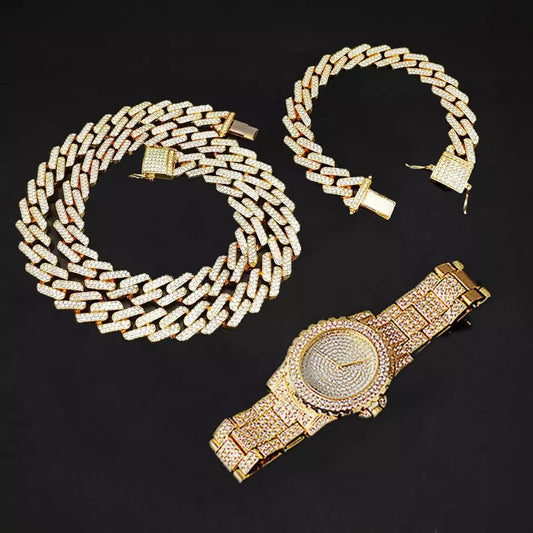 Hip hop set icedout necklace bracelet watch gold Plated #9