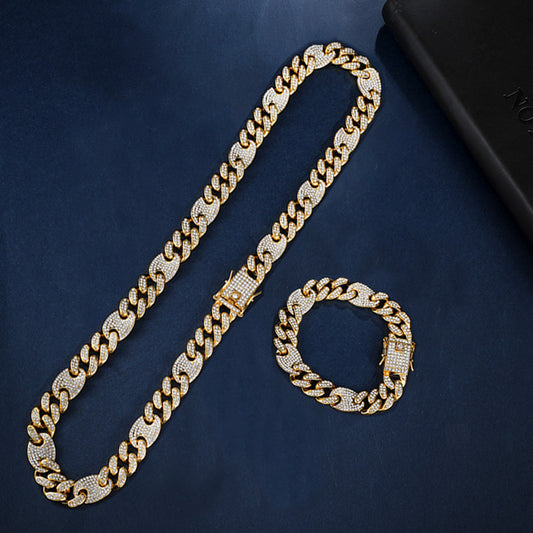 Hip hop set icedout puff mariner Cuban link necklace bracelet gold Plated #13