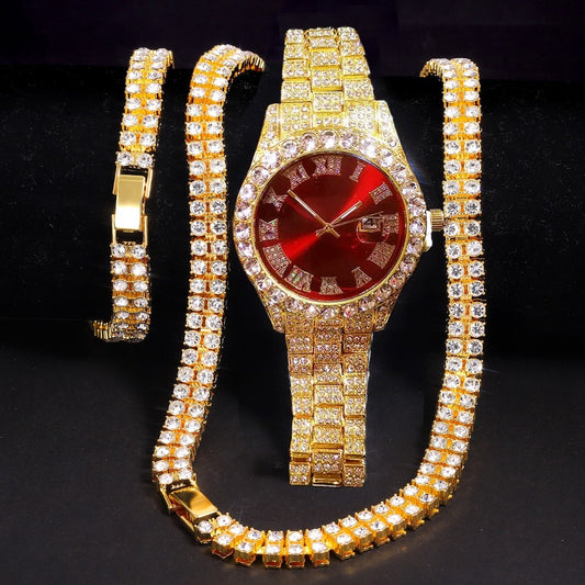 Hip hop set icedout double tennis necklace bracelet watch red face gold Plated #14
