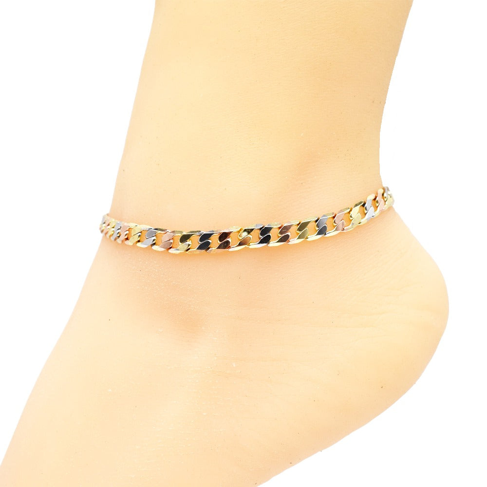 18k Layered real gold Plated tri colors Cuban link anklet bracelet #43