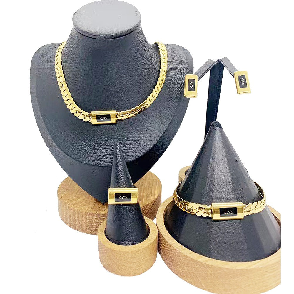 18k Layered Real stainless steel close up cuben set necklace bracelet earrings ring #183