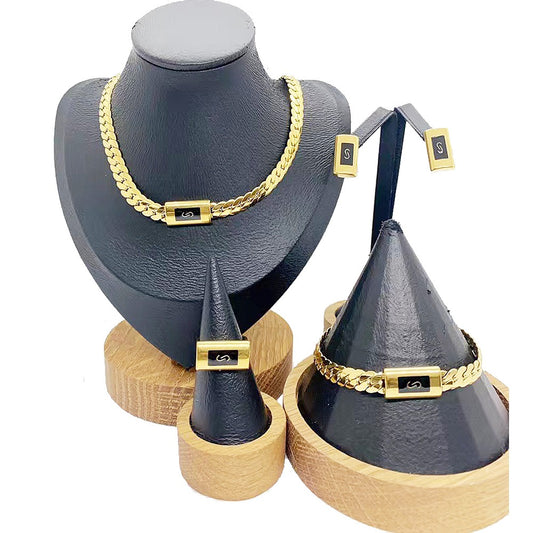 18k Layered Real stainless steel close up cuben set necklace bracelet earrings ring #183
