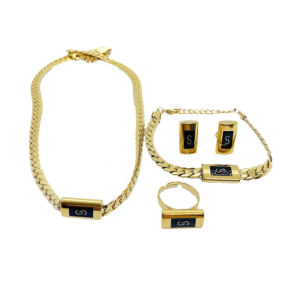 18k Layered Real stainless steel close up cuben set necklace bracelet earrings ring #183