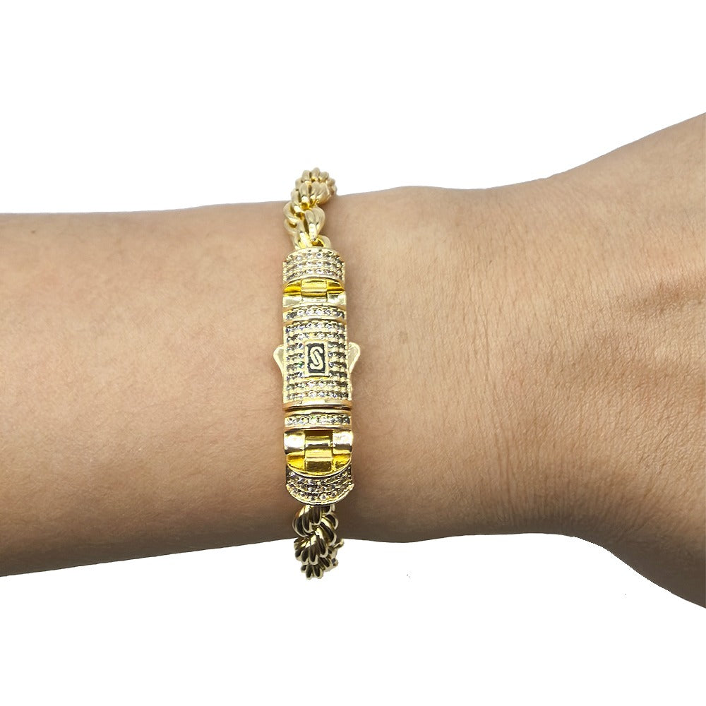 Hip hop rope links set necklace bracelet icedout lock gold Plated #186