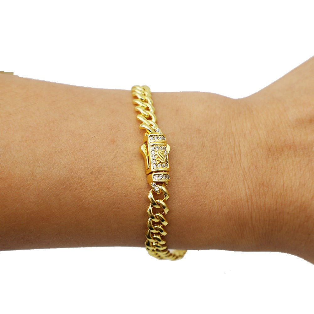 18k Layered Real Gold Plated cuben link set necklace bracelet icedout lock hip hop #188