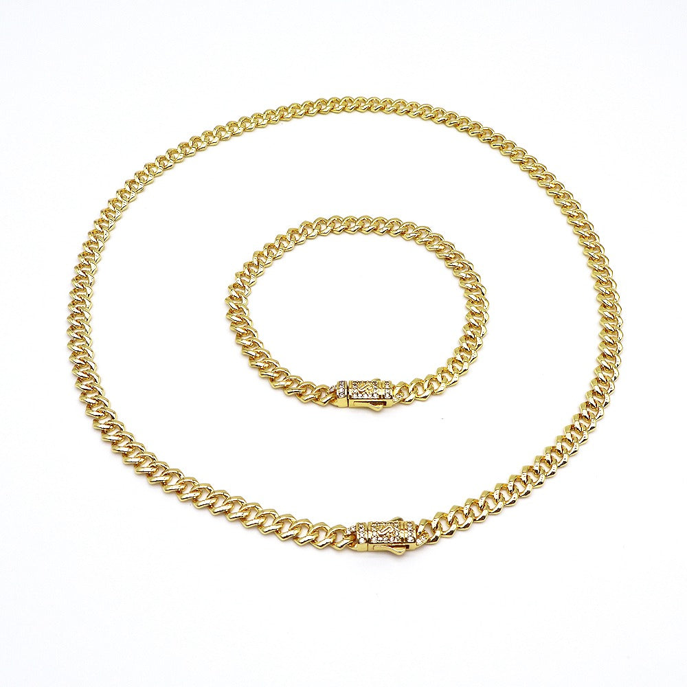 18k Layered Real Gold Plated cuben link set necklace bracelet icedout lock hip hop #188