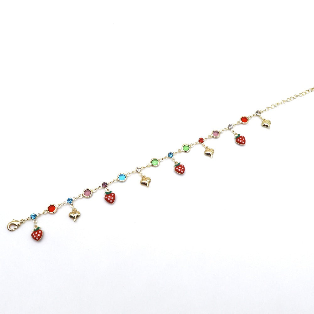 14k Layered Real Gold Plated anklet bracelet 10" hearts and strawberry #47