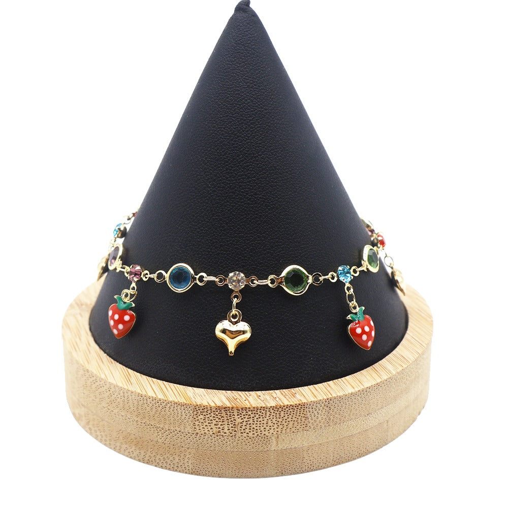 14k Layered Real Gold Plated anklet bracelet 10" hearts and strawberry #47