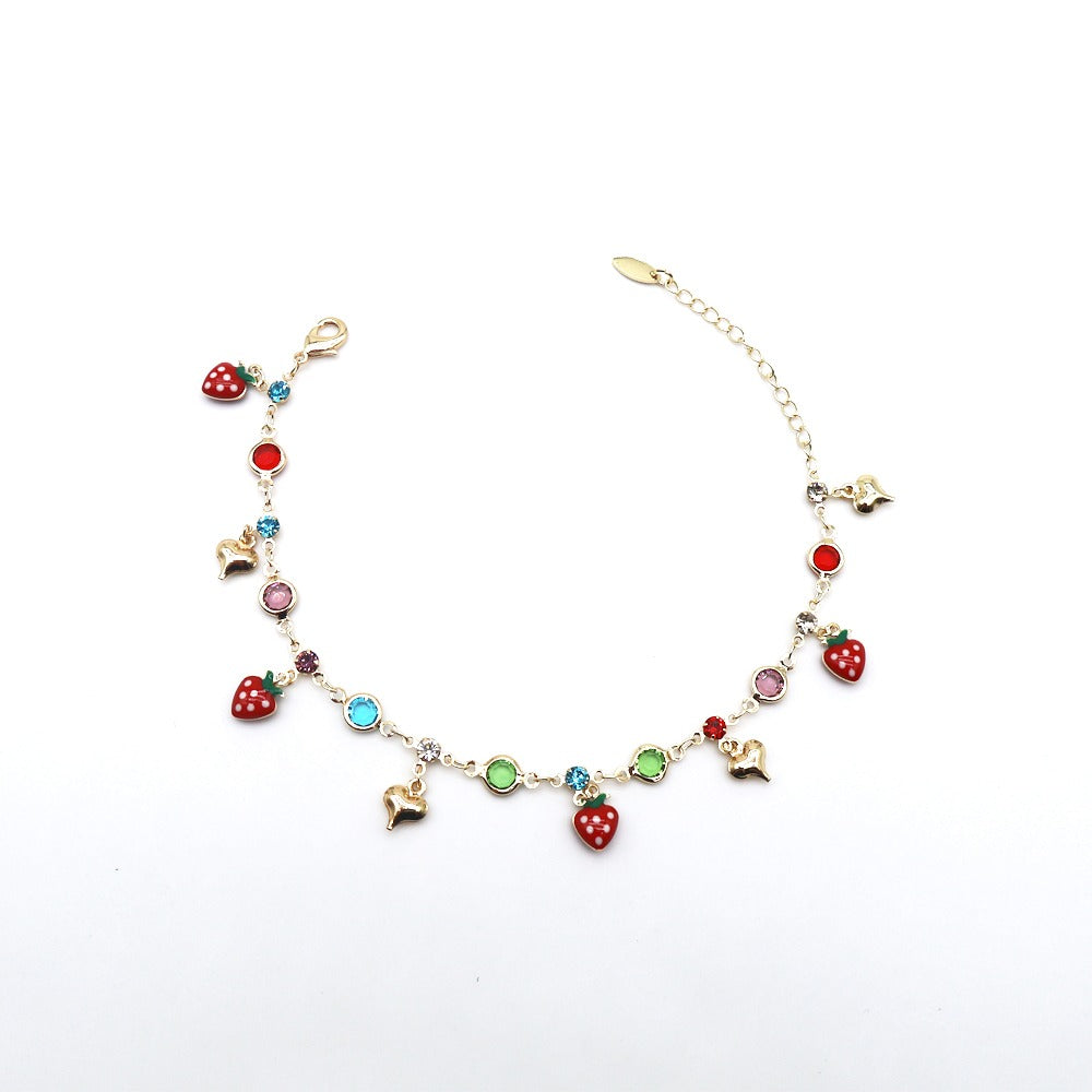 14k Layered Real Gold Plated anklet bracelet 10" hearts and strawberry #47