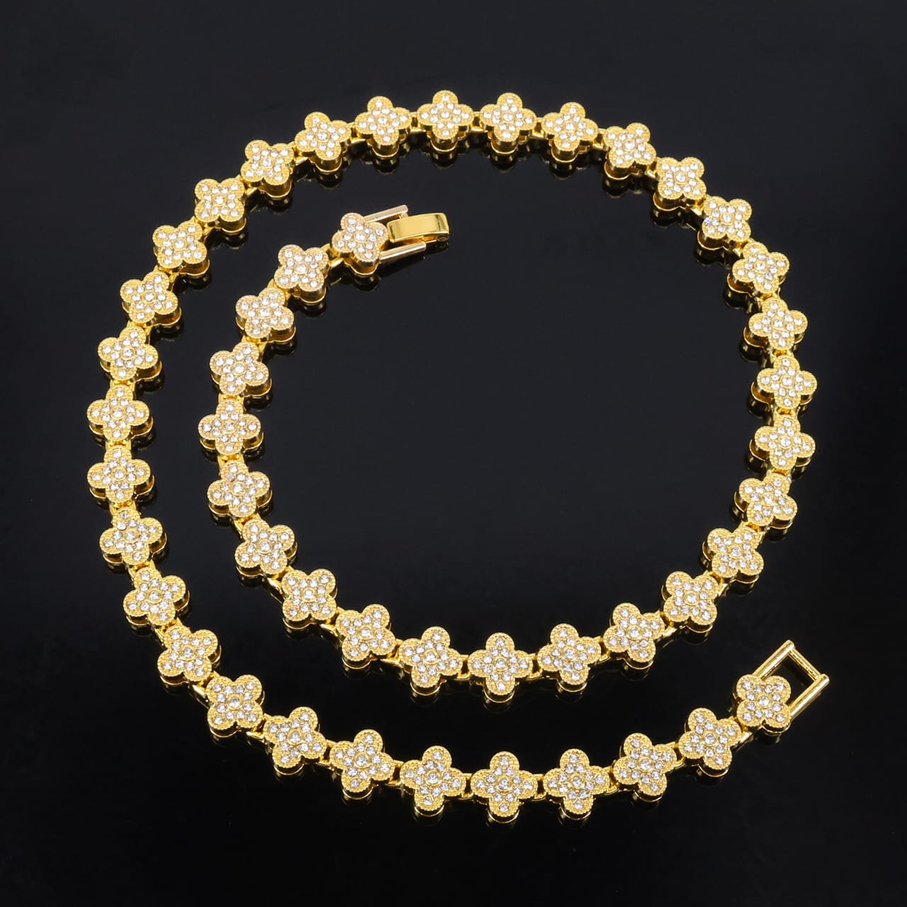 14k Layered Real Gold Plated icedout clover set necklace bracelet #159