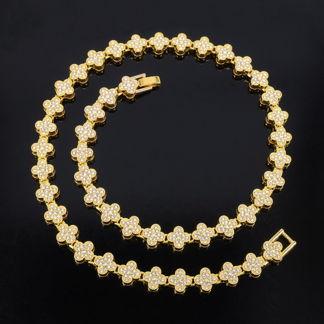 14k Layered Real Gold Plated icedout clover set necklace bracelet #159