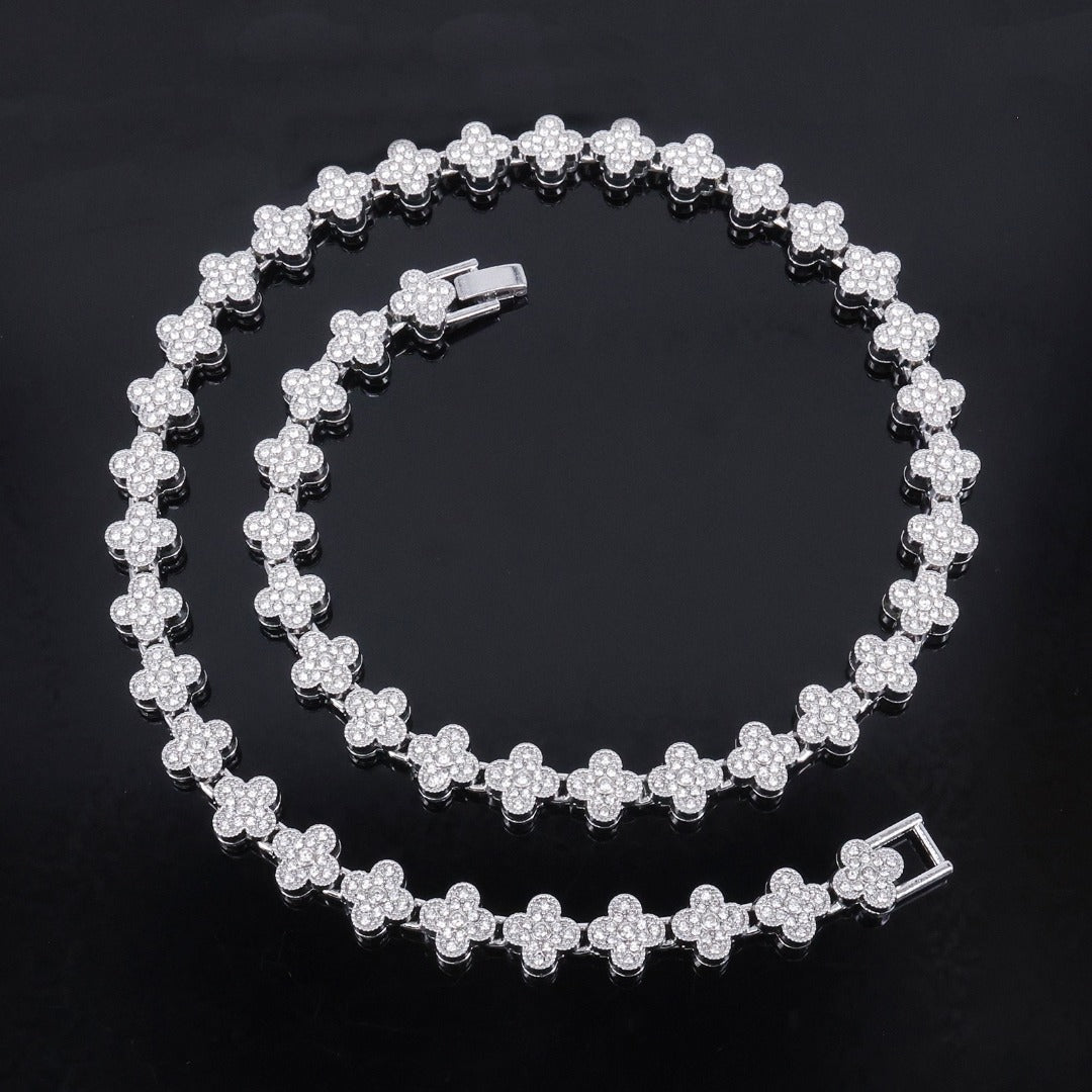 14k Layered Real Gold Plated icedout clover set necklace bracelet #159