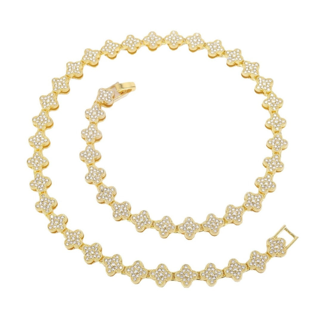 14k Layered Real Gold Plated icedout clover set necklace bracelet #159