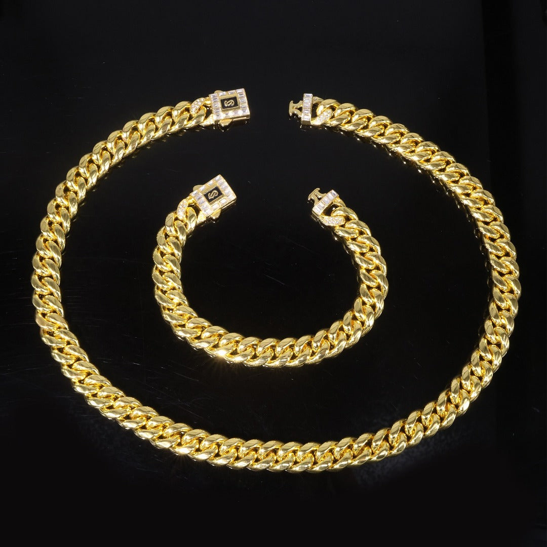 14k Layered Real Gold Plated cuben set necklace bracelet hip icedout