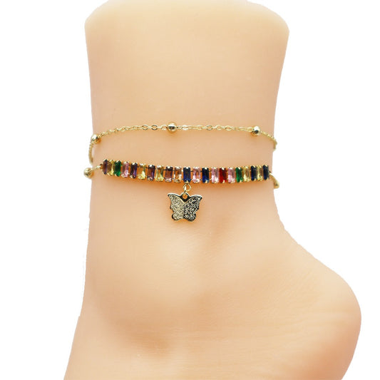 18k Layered Real Gold Filled rainbow tennis anklet bracelet 10 inches #51