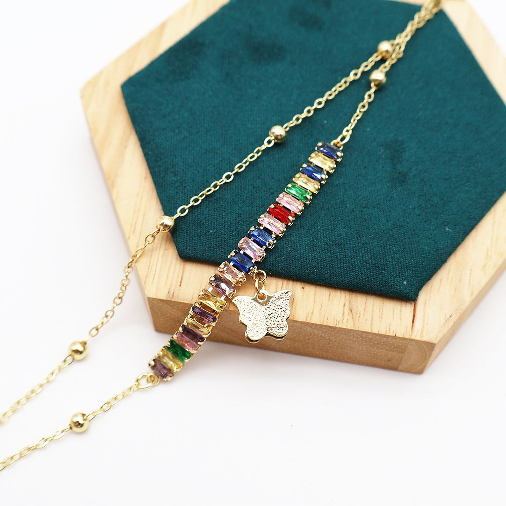18k Layered Real Gold Filled rainbow tennis anklet bracelet 10 inches #51