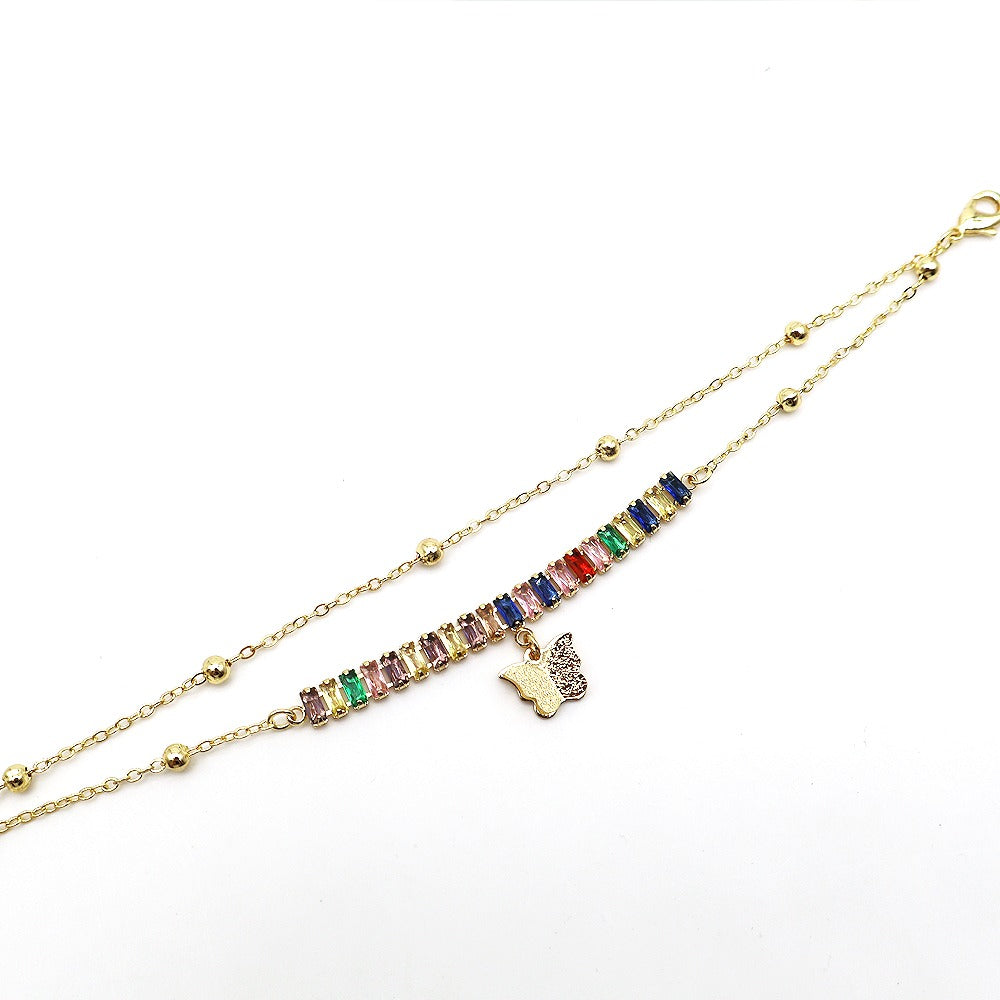 18k Layered Real Gold Filled rainbow tennis anklet bracelet 10 inches #51