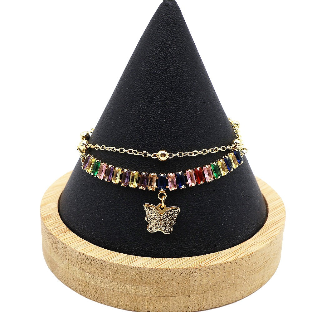 18k Layered Real Gold Filled rainbow tennis anklet bracelet 10 inches #51