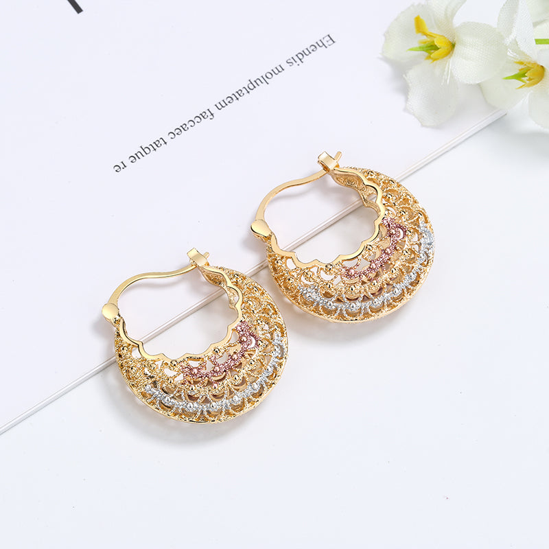 18k Layered real gold Plated round tri colors hoop earrings #32