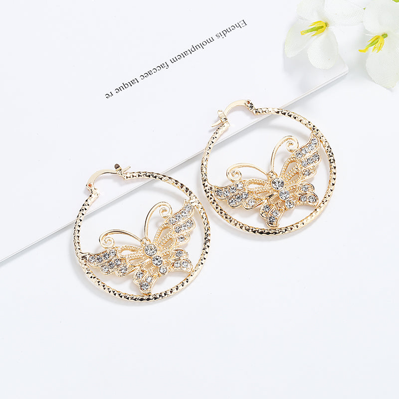 18k Layered real gold Plated Round hoop earrings butterfly #43