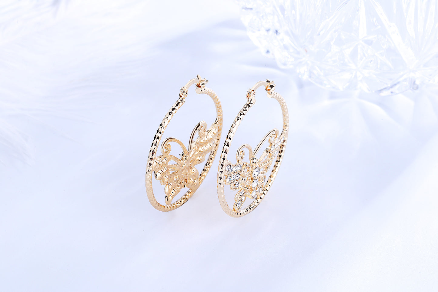 18k Layered real gold Plated Round hoop earrings butterfly #43