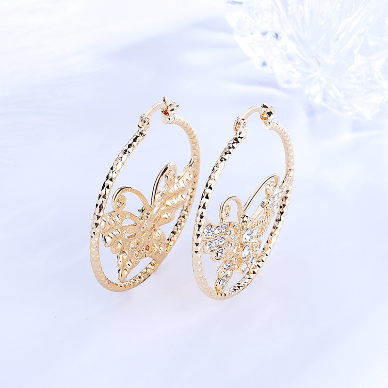 18k Layered real gold Plated Round hoop earrings butterfly #43