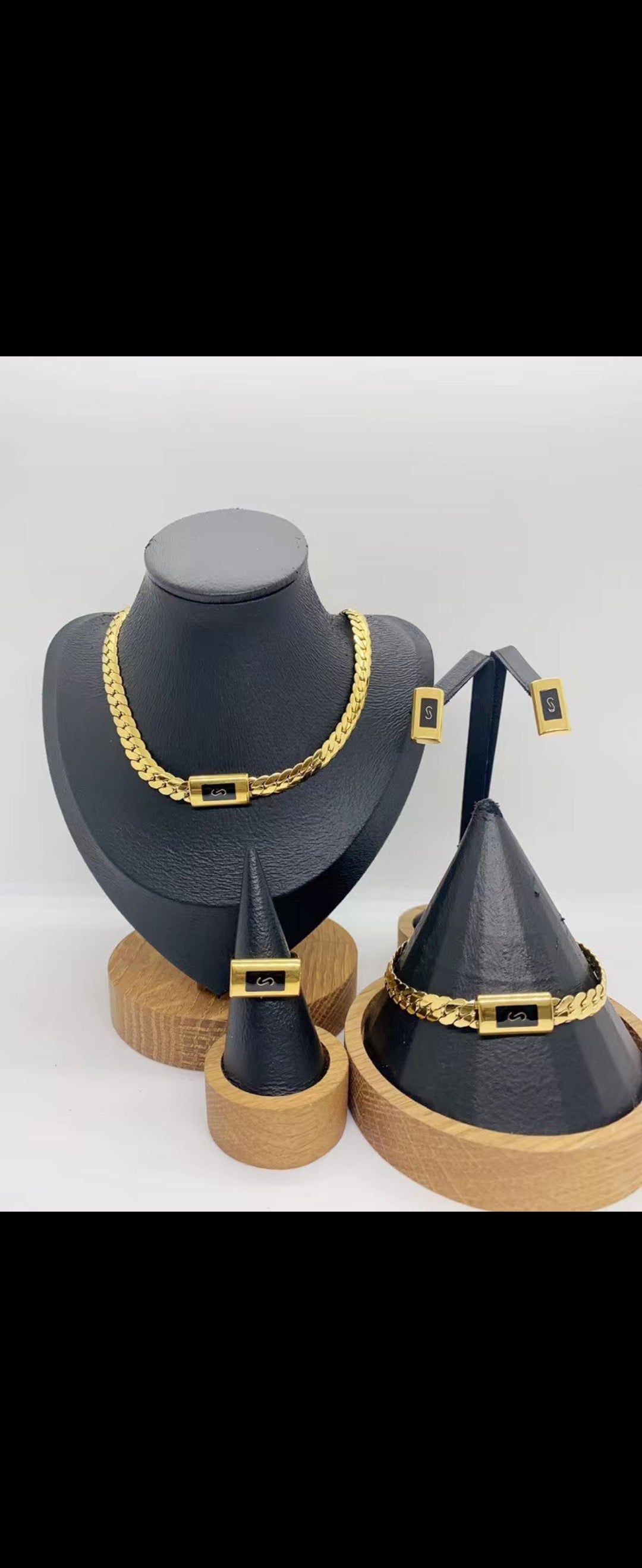 18k Layered Real stainless steel close up cuben set necklace bracelet earrings ring #183