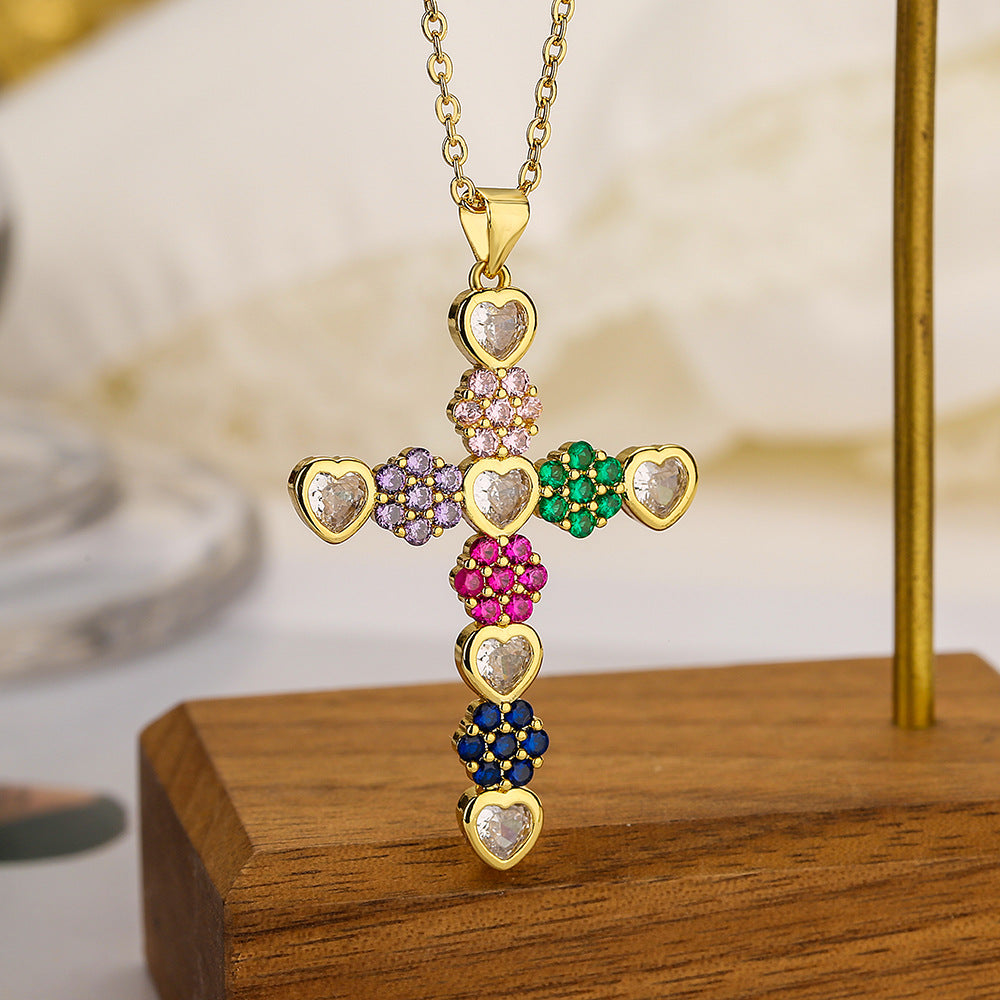 18k Layered real gold filled flowers colors stones cross pendant with chain #45