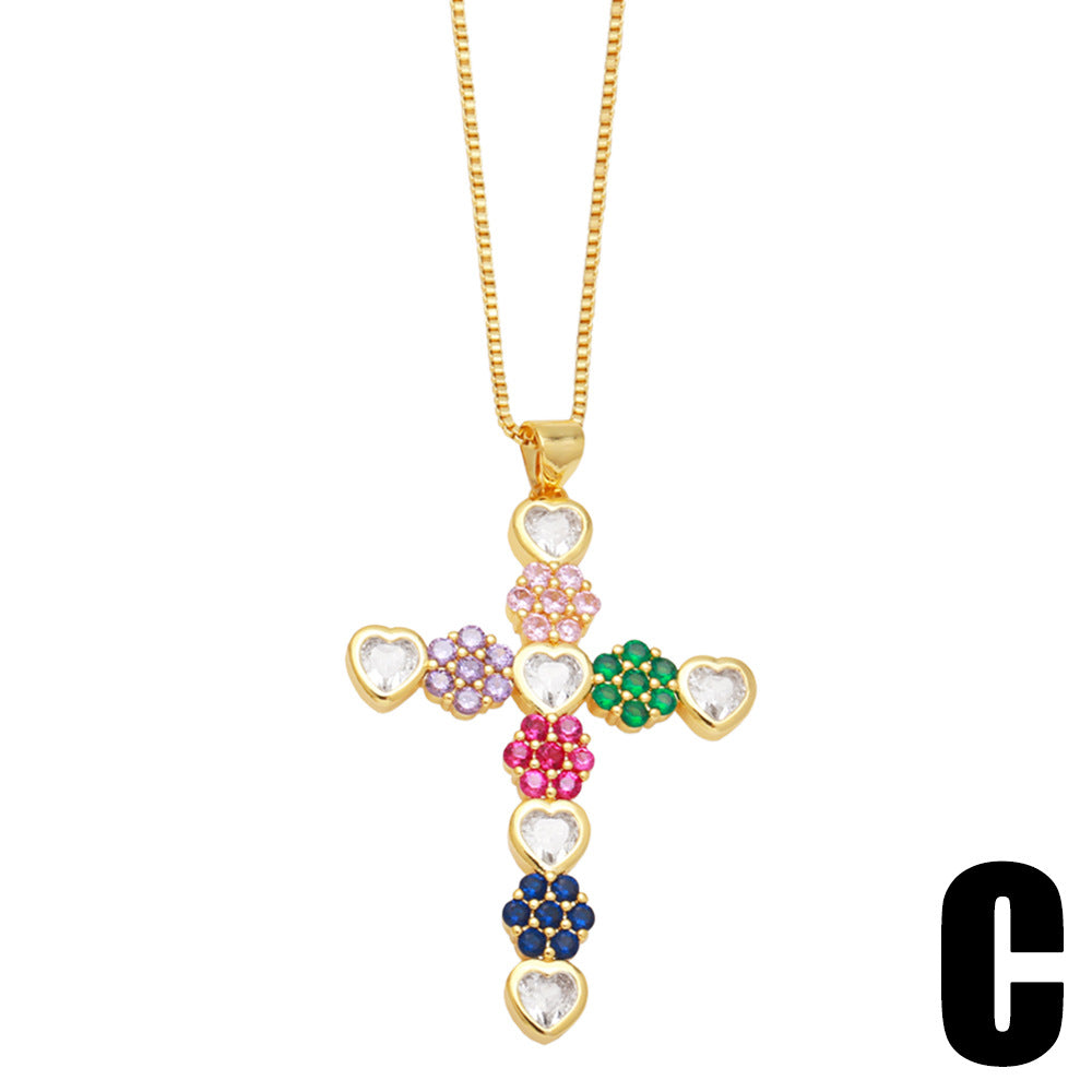 18k Layered real gold filled flowers colors stones cross pendant with chain #45